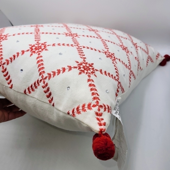 Enchanté Accessories White Red Embroidered Snowflakes Rhinestones Pompom Pillow - Picture 5 of 12